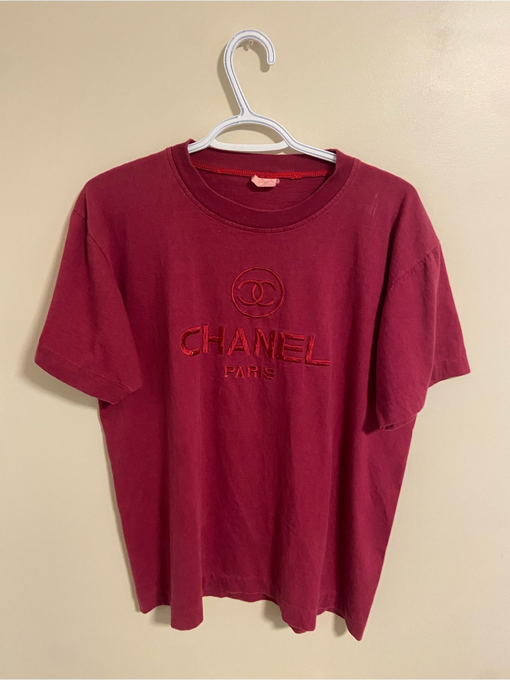 CHANEL Men's Deep Wine Red Embroidered Logo Tee
